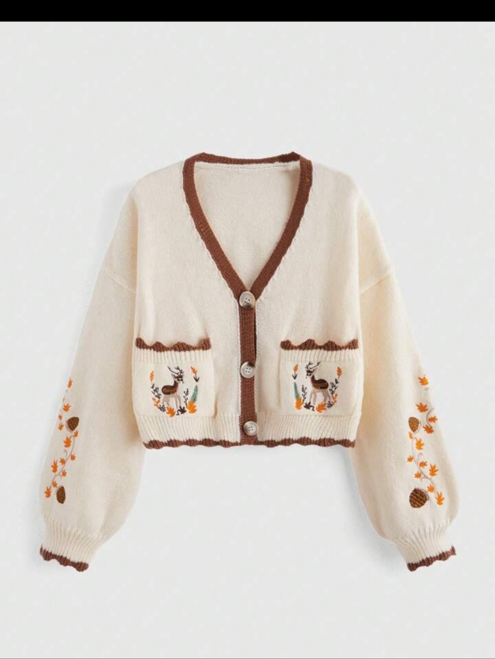 Romwe 2XL Cream Cardigan Sweater Autumn Deer Embroidery Cottagecore